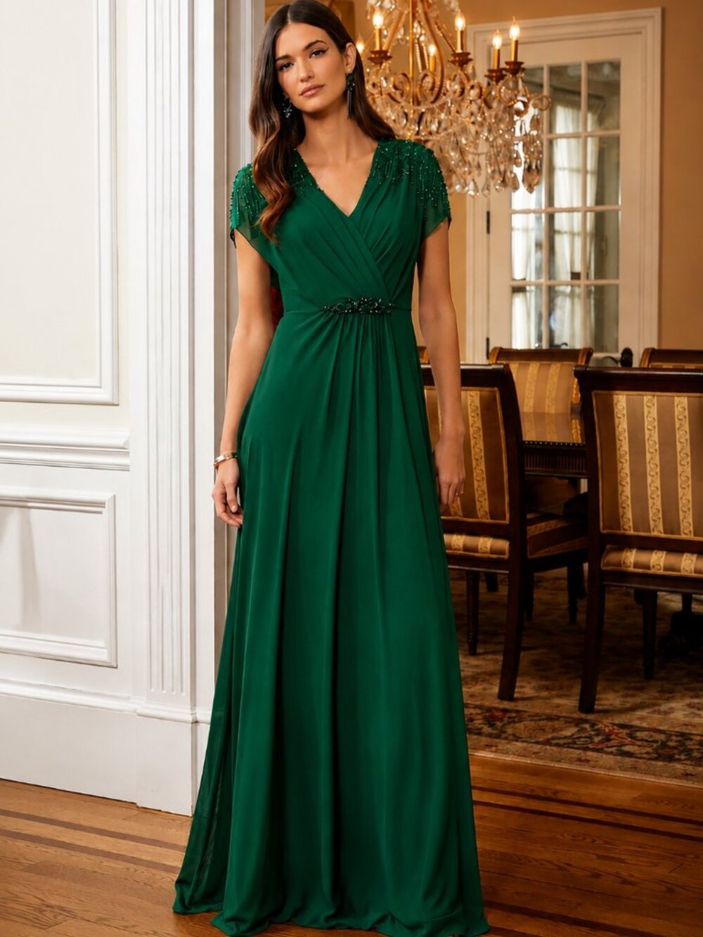 Formal Emerald Aline Beaded Evening/Mother of the Bride Gown MGNY 72816